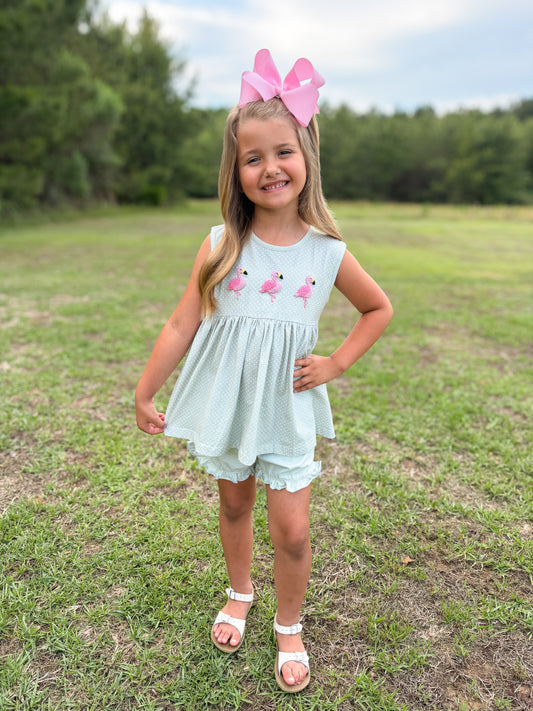 RTS - SUMMER 1 - Summer 1 Girls Only - French Knot Flamingos Girl Short Set