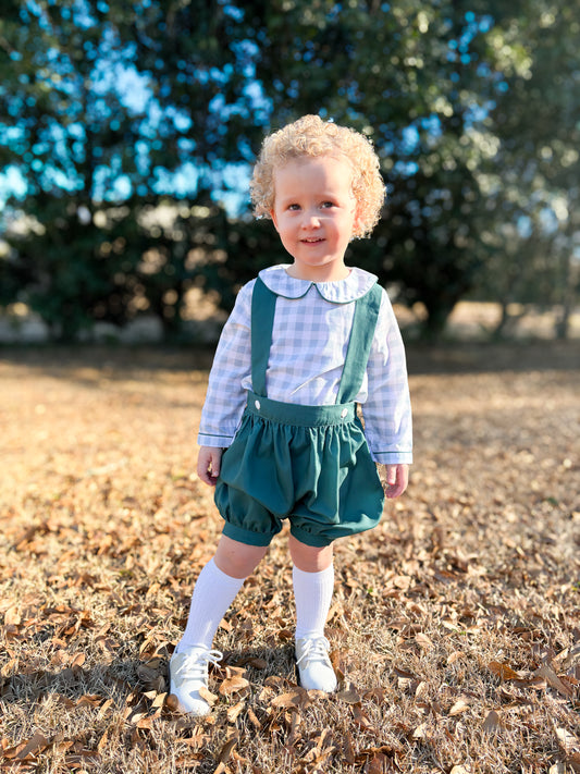 Classic Teal Gingham Boy Button On Bubble Short Set