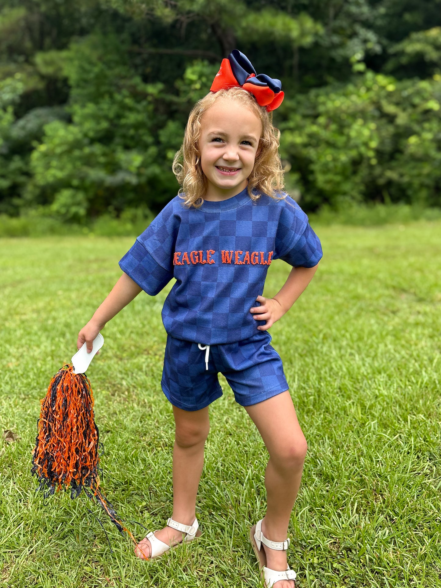 RTS - COLLEGIATE - Collegiate Checkered Sets Shortie Set - Orange/Navy. Monogrammed - “WAR EAGLE”