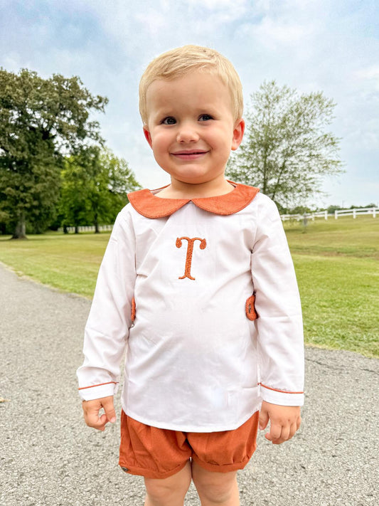 RTS - Autumn Linen & Bows Boy Bubble Short Set - NO MONOGRAM