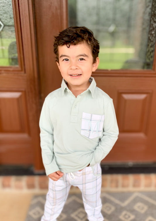 Creamy Plaid Name Smocks Boy Polo-NO MONOGRAM