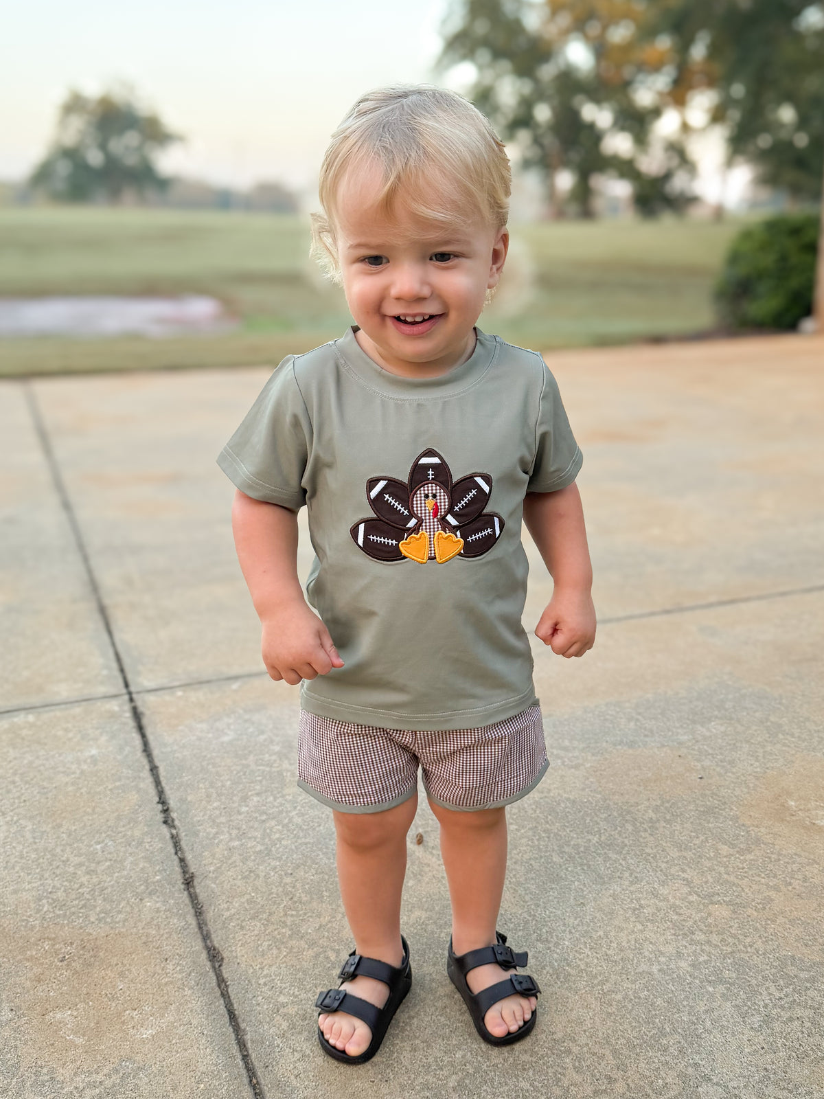 RTS - HALLOWEEN & TURKEYS - BOYS ONLY - Applique Football Turkey Boy Shortie Set