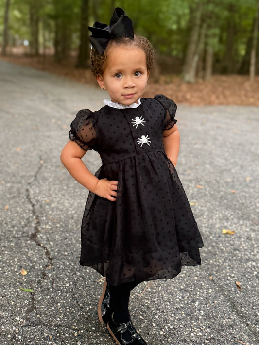 RTS - HALLOWEEN & TURKEYS - GIRLS ONLY - Swiss Dot Pearl Spiders Girl Dress