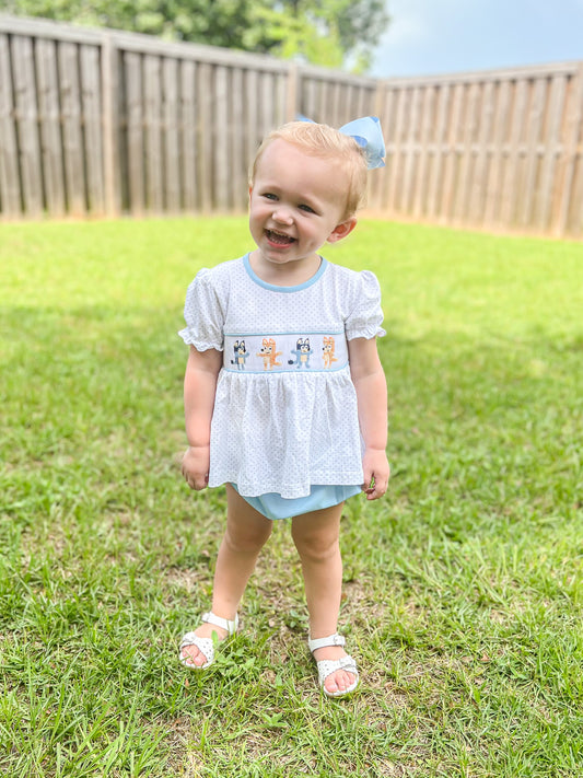 EXTRAS PRESALE - Smocked Blue Dog Girl Diaper Set