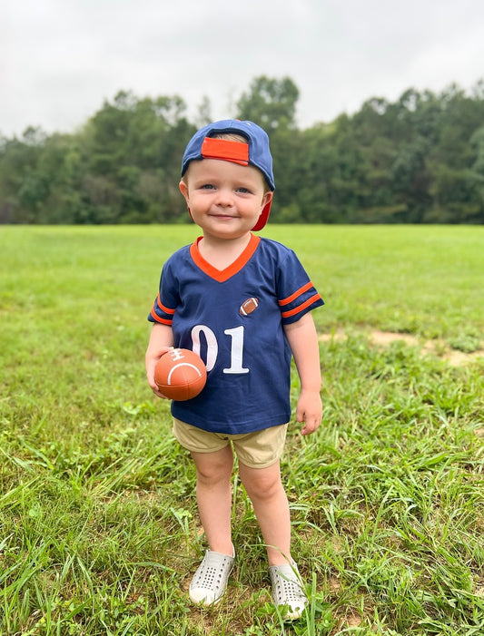 RTS - COLLEGIATE - Gameday Gear Boy Jersey - Orange/Navy. Monogrammed - “TOUCHDOWN”