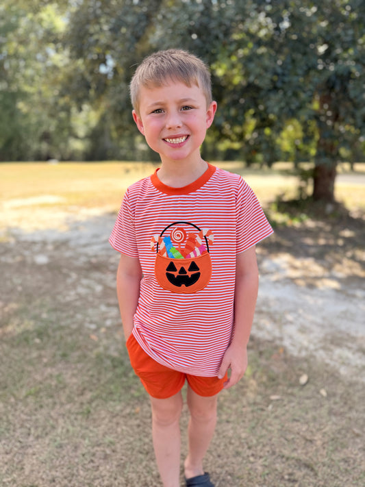 RTS -  PUMPKINS & HALLOWEEN - Applique Candy Bucket Boy Shortie Set