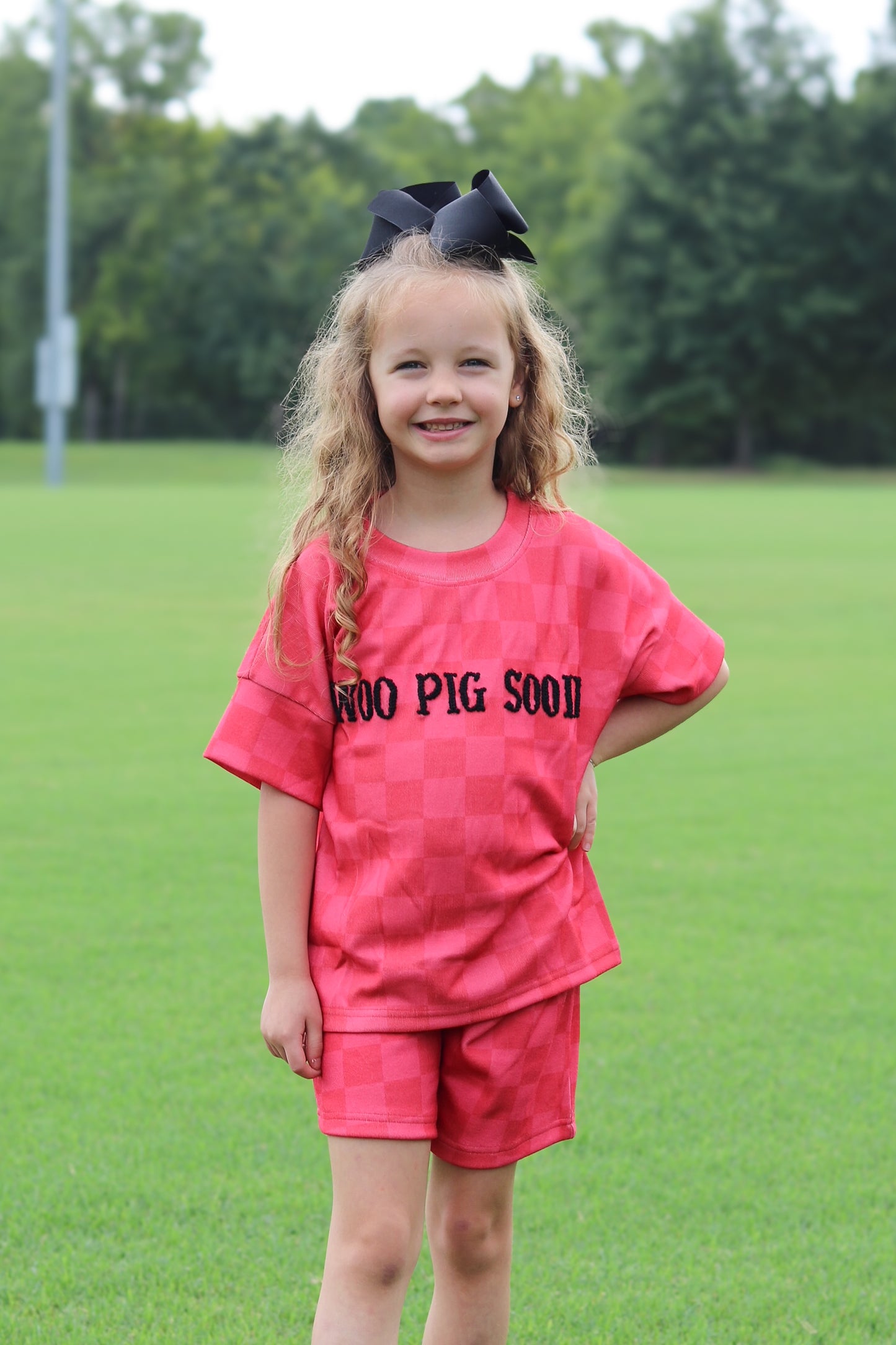 RTS - COLLEGIATE - Collegiate Checkered Sets Shortie Set - Red/Black. Monogrammed - “GO DAWGS”