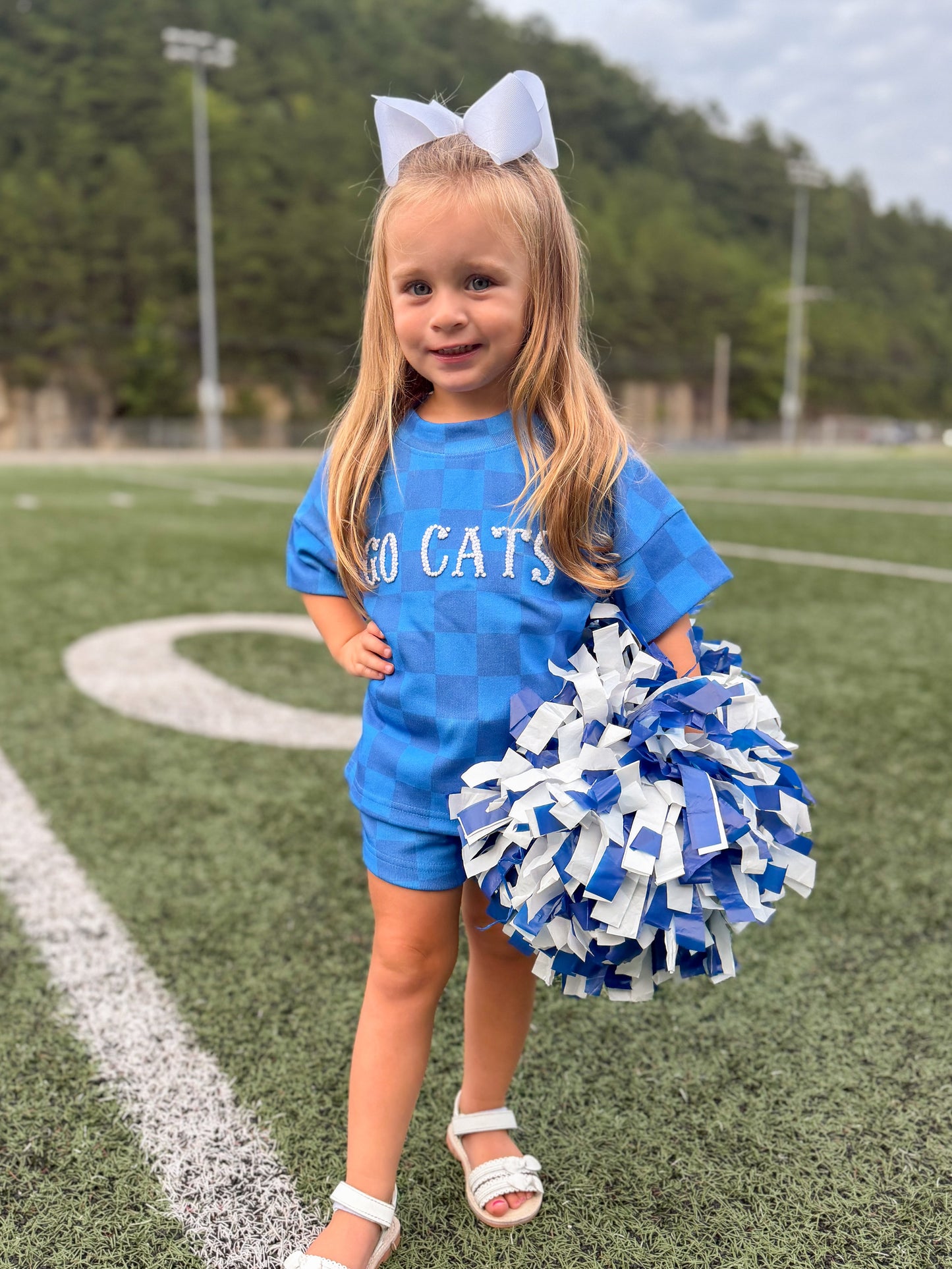 RTS - COLLEGIATE - Collegiate Checkered Sets Shortie Set - Blue/White. Monogrammed - “GAME DAY”