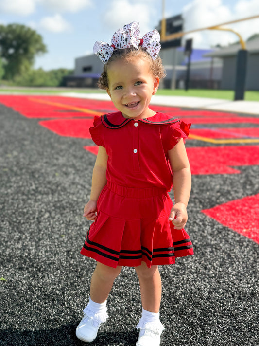 RTS - COLLEGIATE - Girls Spirit Wear Skort Set - Red/Black “NO MONO”