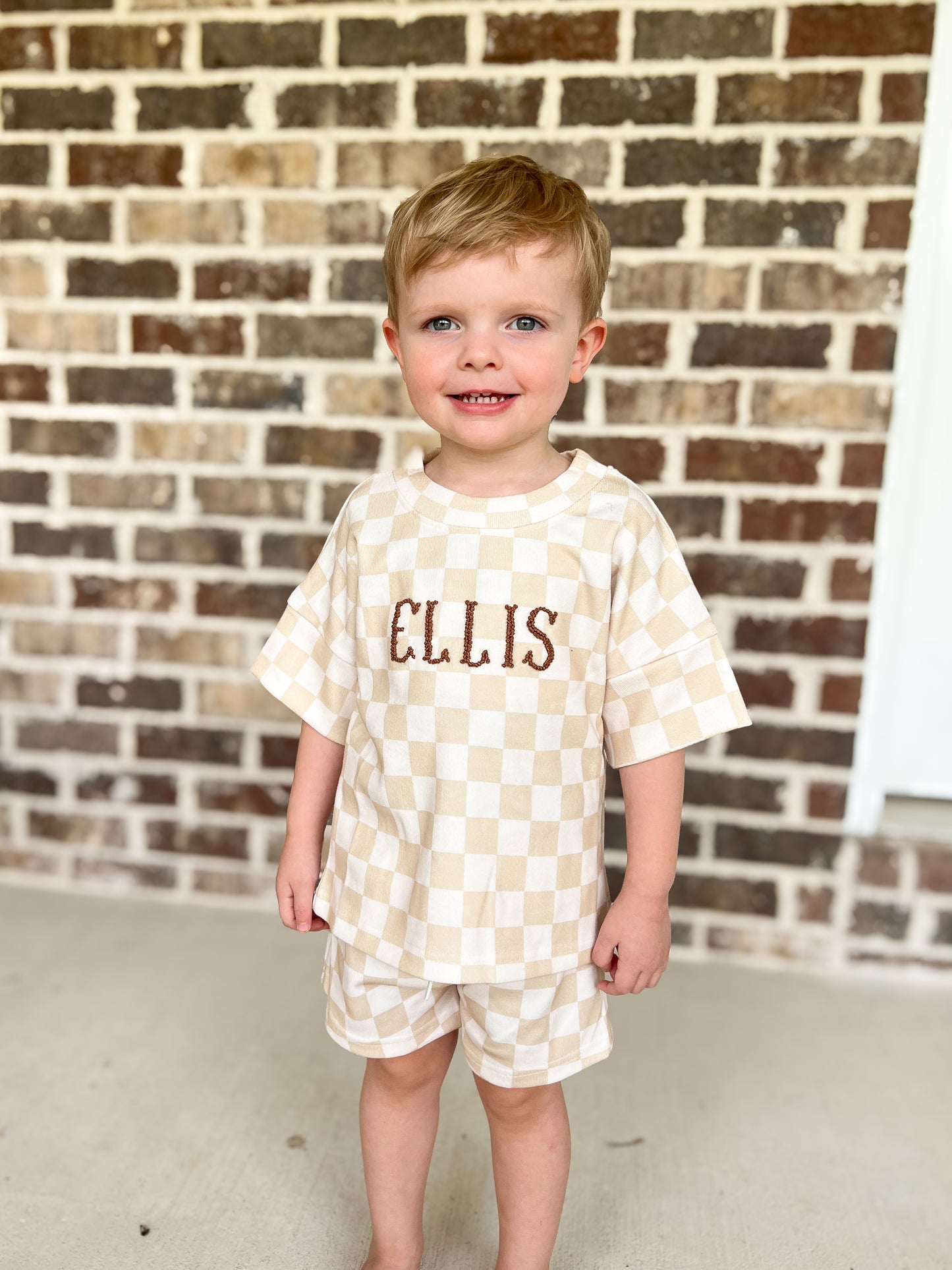 RTS - French Knot Checkered Sets Shortie Set - Tan - NO MONOGRAM