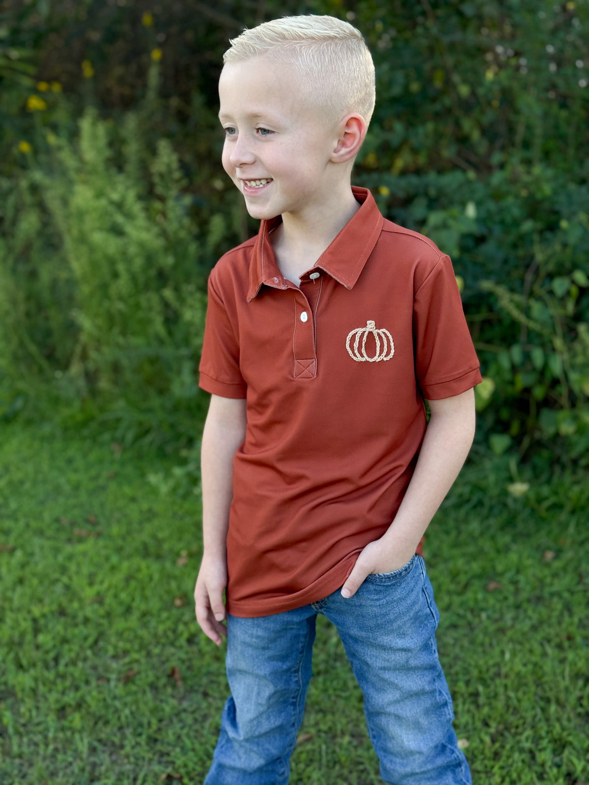 RTS - PUMPKINS & HALLOWEEN - Chainstitch Pumpkin Boy Polo
