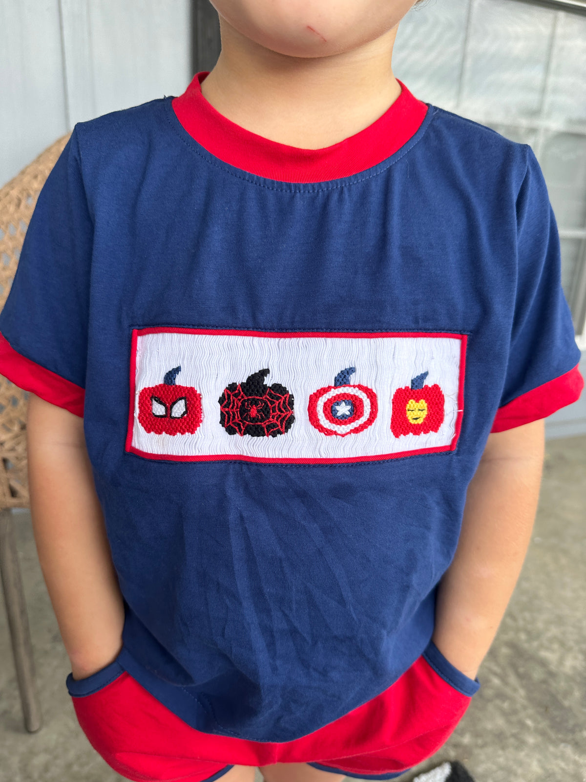 RTS - PUMPKINS & HALLOWEEN - Pumpkins & Halloween Boys Only - Smocked Superhero Pumpkins Boy Shortie Set