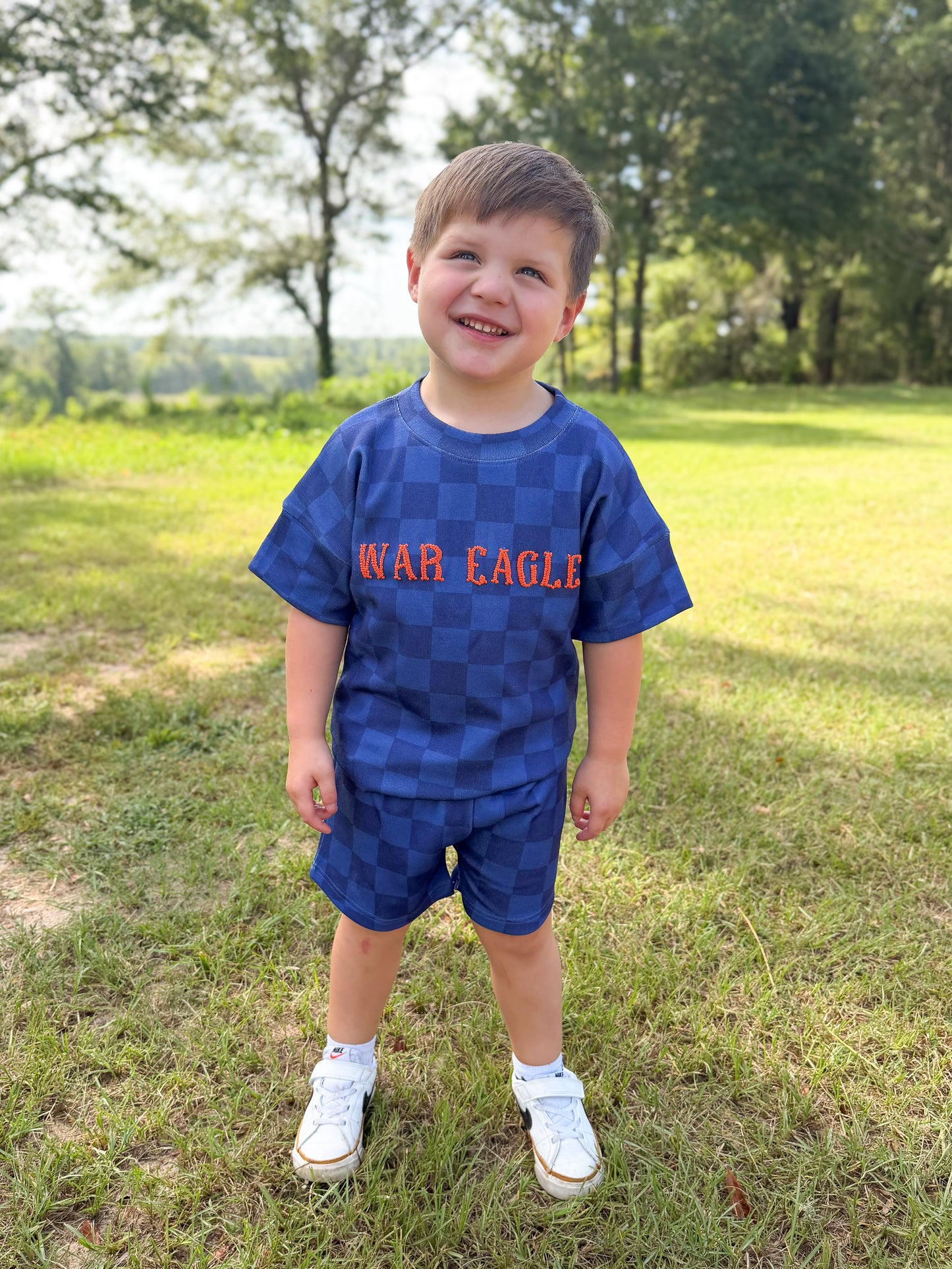 RTS - COLLEGIATE - Collegiate Checkered Sets Shortie Set - Orange/Navy. Monogrammed - “WAR EAGLE”
