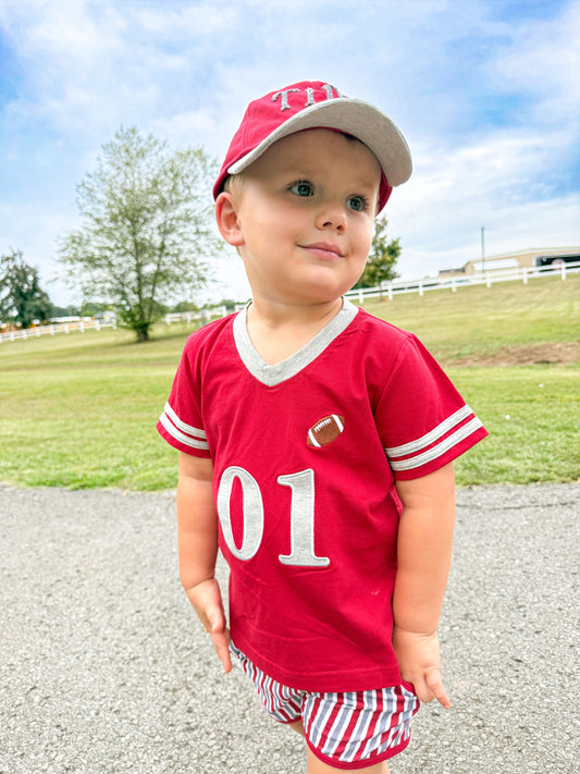 RTS - COLLEGIATE - Gameday Gear Boy Jersey - Crimson/Grey. Monogrammed - “TOUCHDOWN”