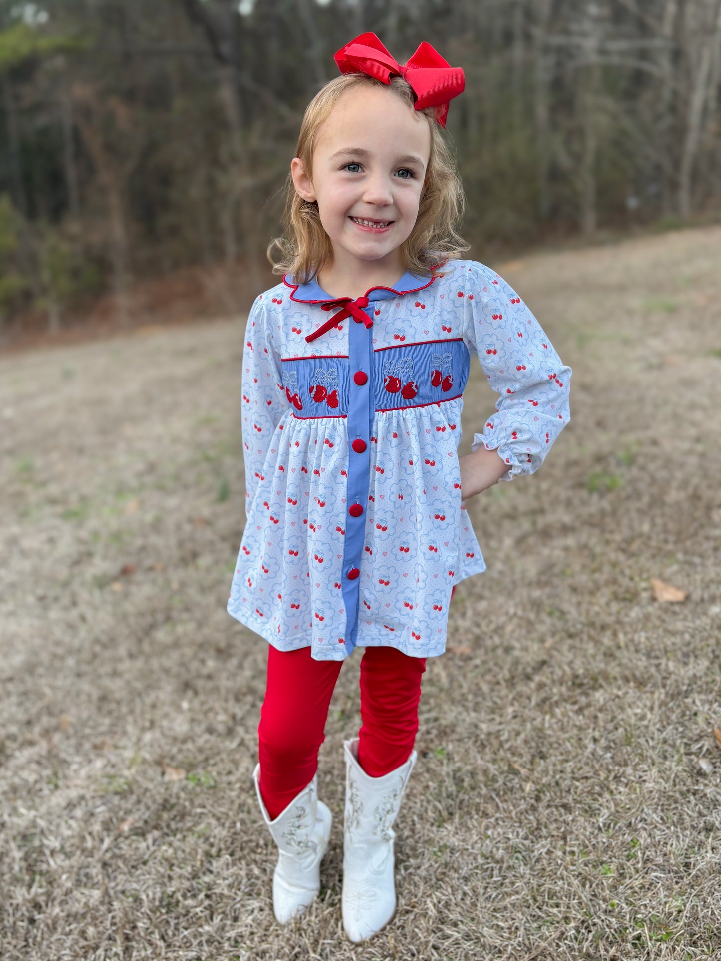 PREORDER 58: WINTER RERUNS - Smocked Cherries Girl Pant Set