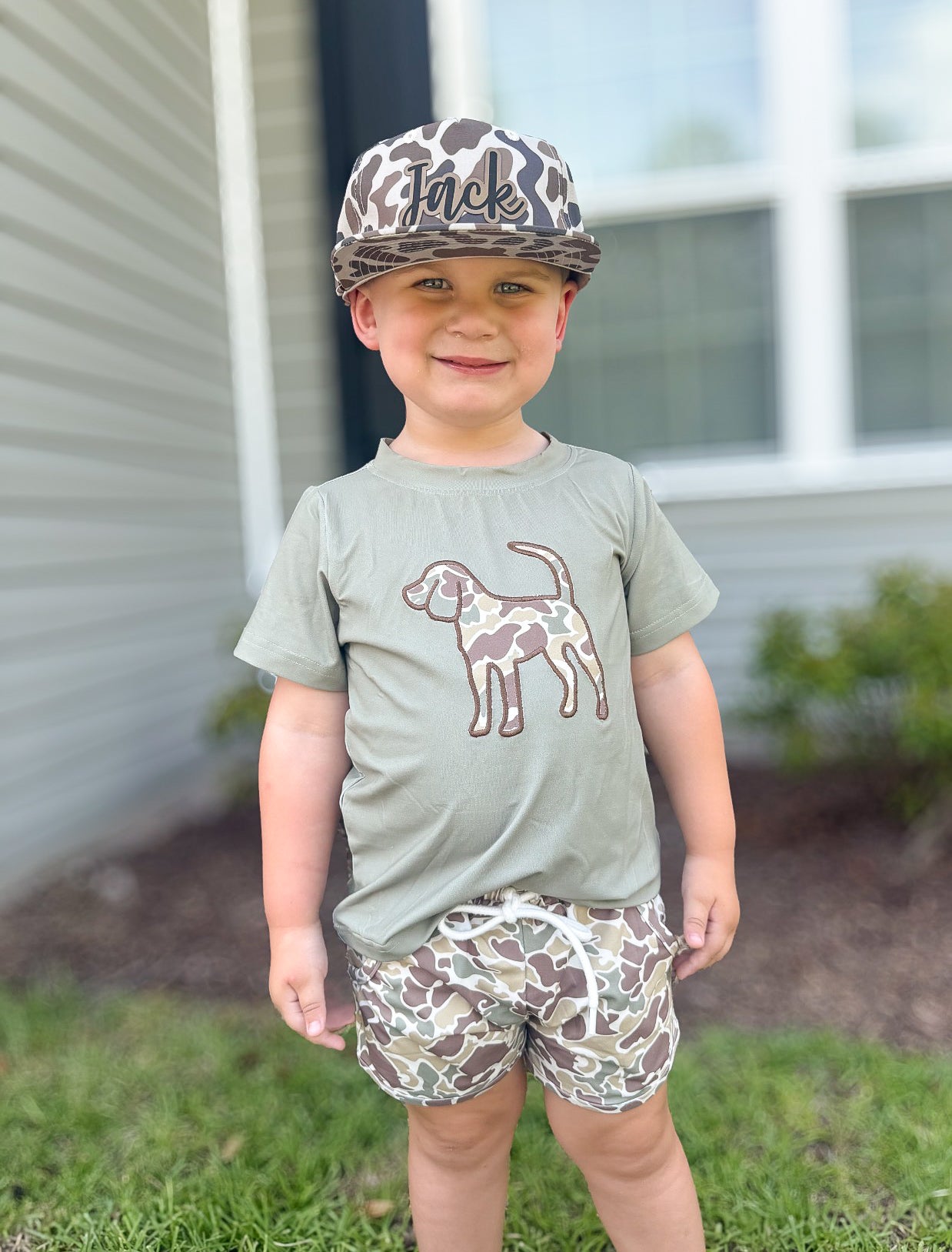 RTS - SUMMER PT 2 - Summer 2 Boys Only - Applique Camo Dog Boy Shortie Set