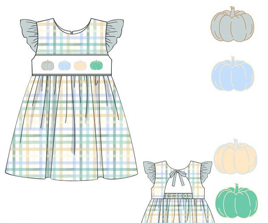 Sage Plaid Pumpkins Girl Dress