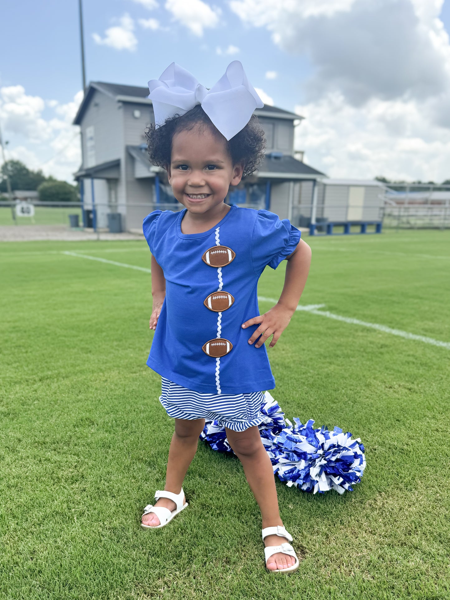 RTS - COLLEGIATE - Applique Football Trio Girl Diaper Set - Blue/White