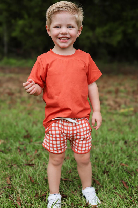 Rust Windowpane Basics Boy Shortie Set -NO MONOGRAM