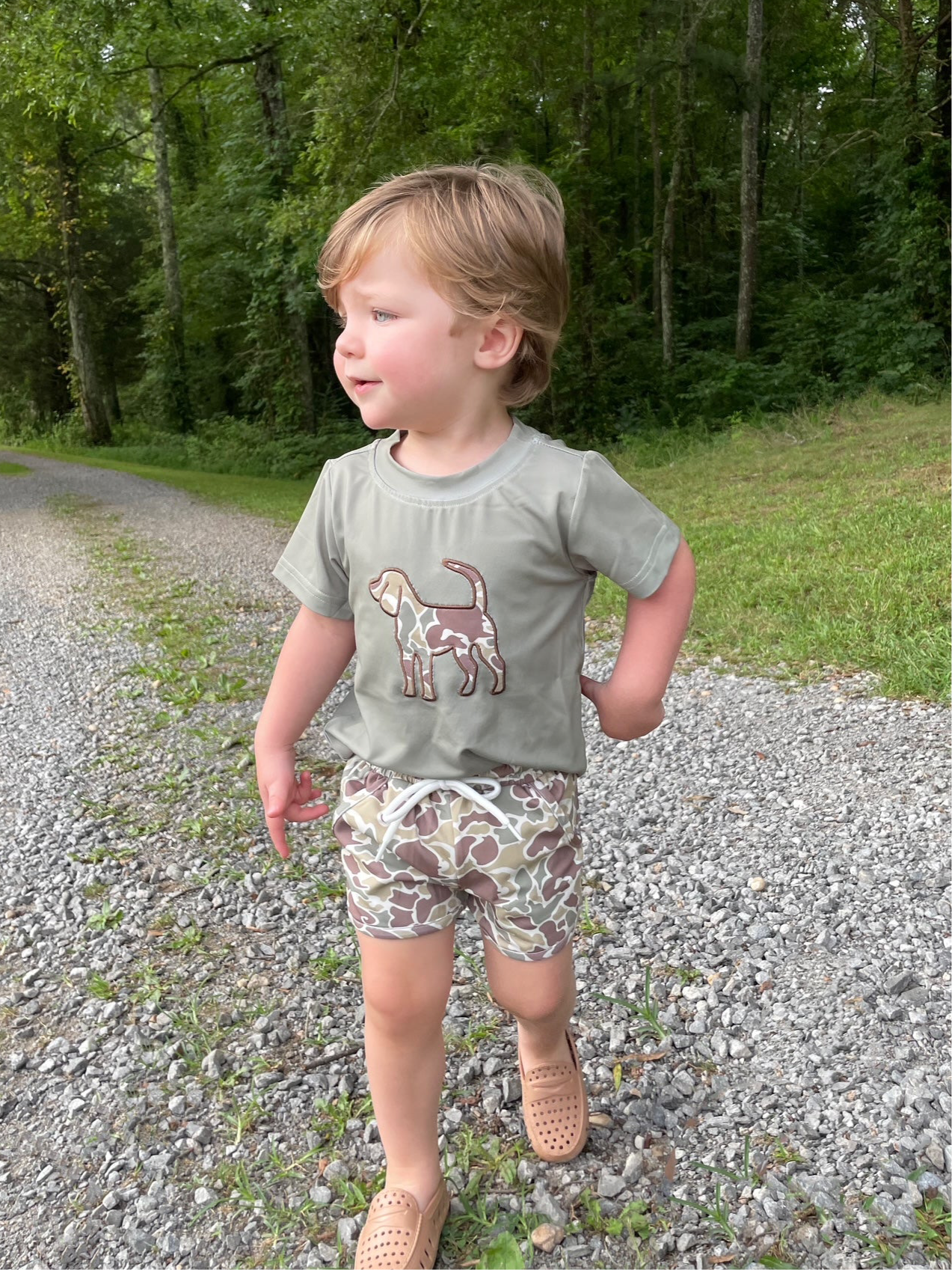 RTS - Summer 2 Boys Only - Appliqué Camo Dog Boy Shortie Set
