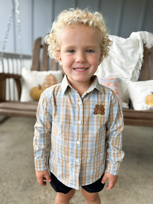 RTS - Bullion Stitch Turkeys Boy Button Down