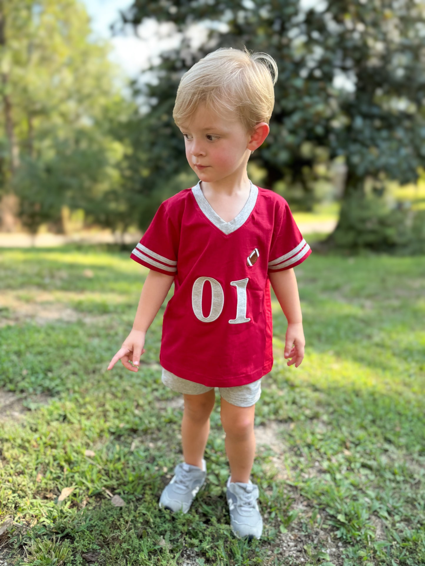 RTS - COLLEGIATE - Gameday Gear Boy Jersey - Crimson/Grey. Monogrammed - “TOUCHDOWN”