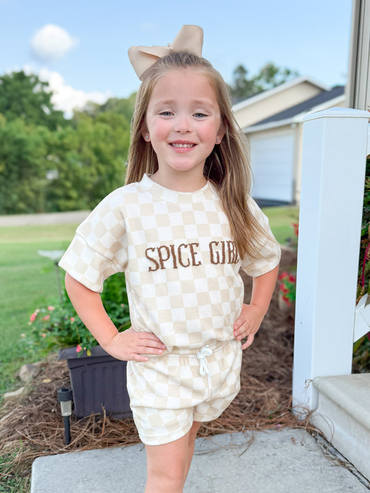RTS - French Knot Checkered Sets Shortie Set - Tan - NO MONOGRAM