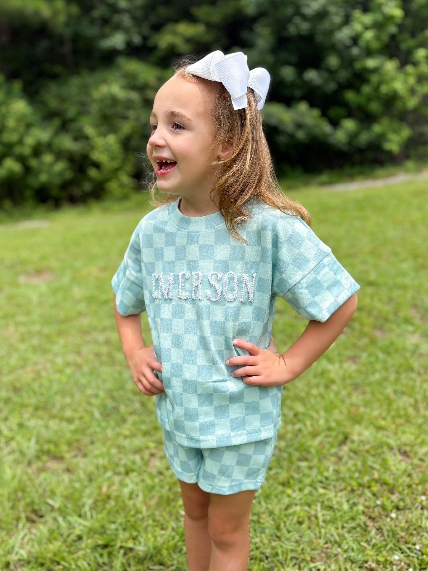 RTS - French Knot Checkered Sets Shortie Set - Teal - NO MONOGRAM