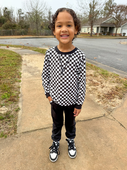 RTS - Winter Pull Over Sets - Black & White Checkerboard Boy Sweatshirt Set