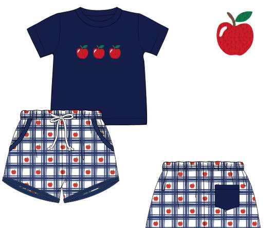 PREORDER 63: SUMMER PT 2 - Navy Plaid Apples Boy Shortie Set