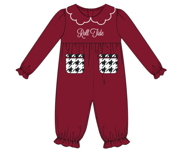 RTS - COLLEGIATE - Houndstooth & Stripes Girl Romper - Crimson/Houndstooth. Monogrammed - "ROLL TIDE”