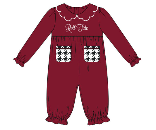 RTS - COLLEGIATE - Houndstooth & Stripes Girl Romper - Crimson/Houndstooth. Monogrammed - "ROLL TIDE”
