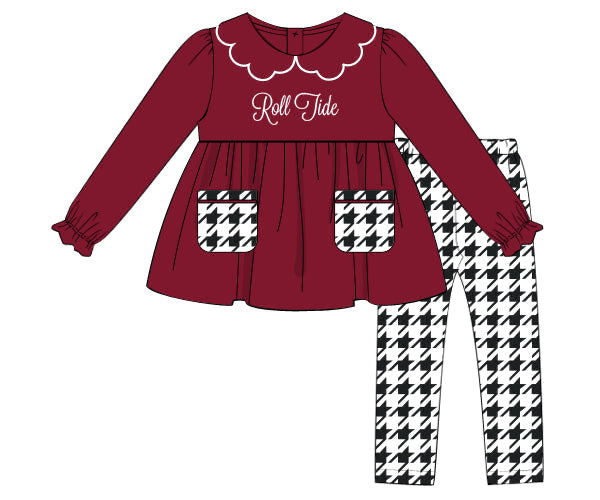 RTS - COLLEGIATE - Houndstooth & Stripes Girl Pant Set - Crimson/Houndstooth. Monogrammed - “ROLL TIDE”