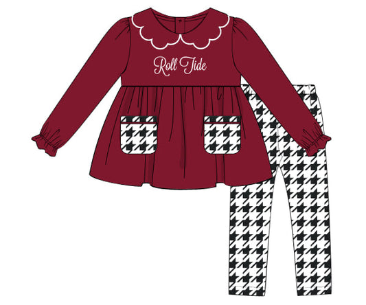 RTS - COLLEGIATE - Houndstooth & Stripes Girl Pant Set - Crimson/Houndstooth. Monogrammed - “ROLL TIDE”