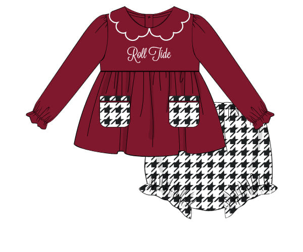 RTS - COLLEGIATE - Houndstooth & Stripes Girl Diaper Set - Crimson/Houndstooth. Monogrammed - “ROLL TIDE”
