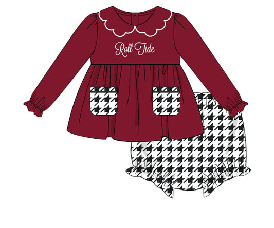 RTS - COLLEGIATE - Houndstooth & Stripes Girl Diaper Set - Crimson/Houndstooth. Monogrammed - “ROLL TIDE”