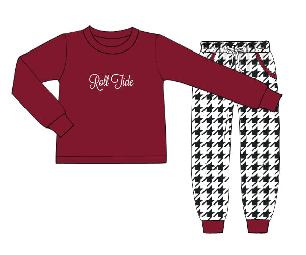 RTS - COLLEGIATE - Houndstooth & Stripes Boy Jogger Set - Crimson/Houndstooth. Monogrammed - “ROLL TIDE”