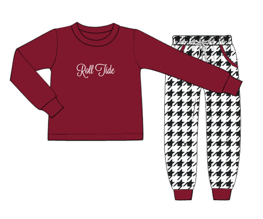 RTS - COLLEGIATE - Houndstooth & Stripes Boy Jogger Set - Crimson/Houndstooth. Monogrammed - “ROLL TIDE”