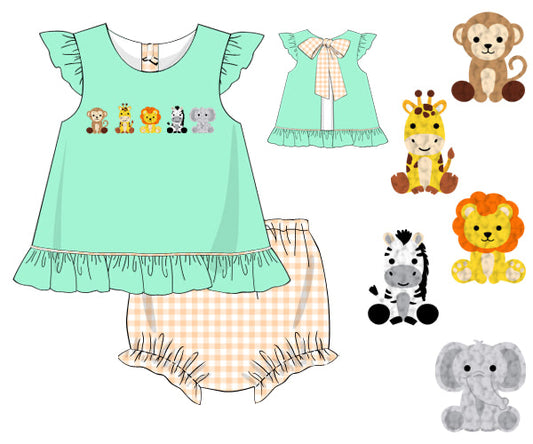 PREORDER 48: SUMMER 1 - French Knot Zoo Animals Girl Diaper Set