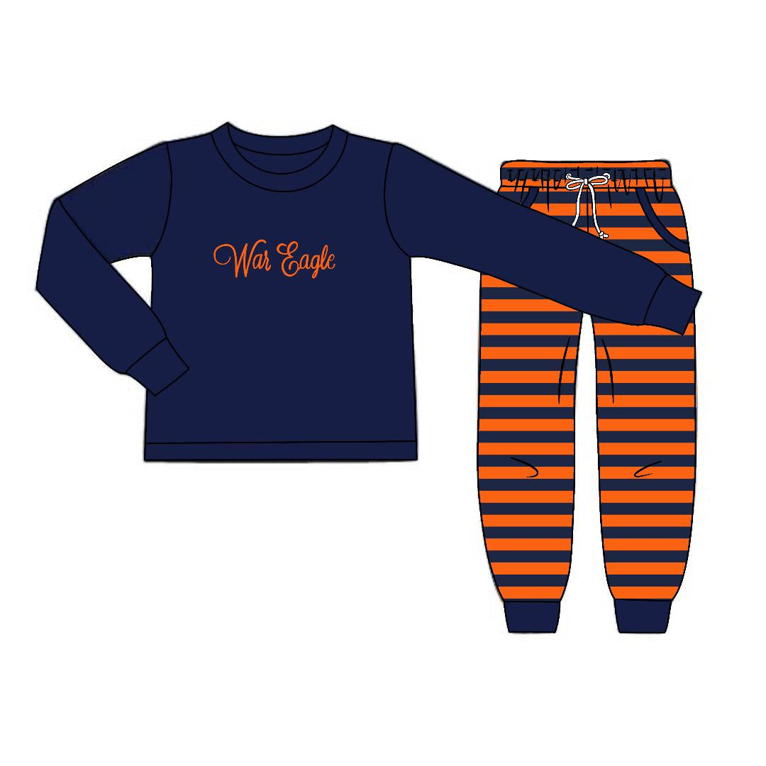 RTS - COLLEGIATE - Houndstooth & Stripes Boy Jogger Set - Orange/Navy. Monogrammed - “WAR EAGLE”