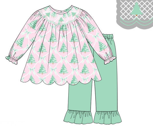 PREORDER 56: CHRISTMAS 2 - Christmas 2 Girls Only - Pastel Christmas Trees Girl Pant Set