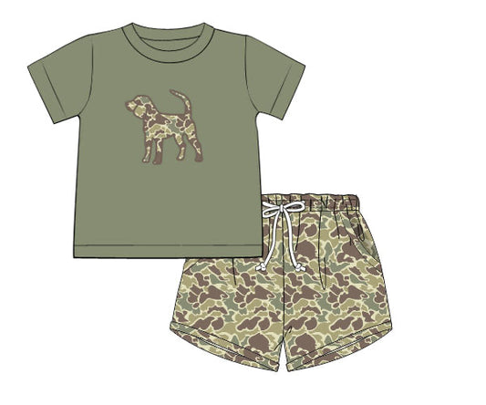 PREORDER 49: SUMMER PT 2 - Summer 2 Boys Only - Applique Camo Dog Boy Shortie Set