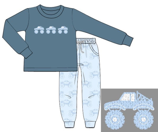 RTS - Winter Boys Only - French Knot Monster Truck Boy Jogger Set