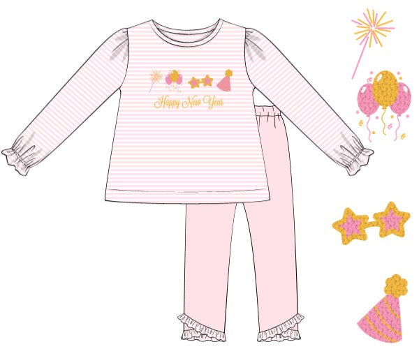 RTS - French Knot Happy New Year Girl Pant Set