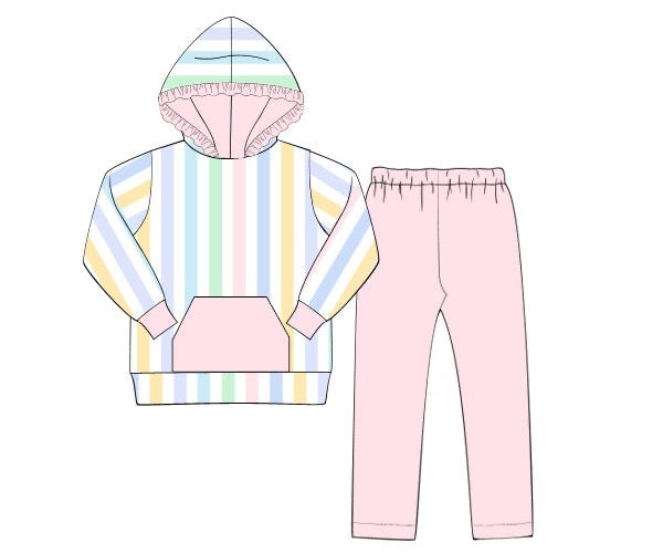 RTS - Winter Pull Over Sets - Pastel Stripes Girl Hooded Pullover Set