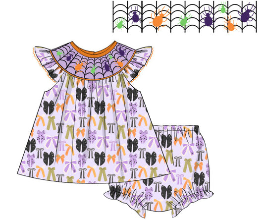 RTS - PUMPKINS & HALLOWEEN - Pumpkins & Halloween Girls Only - Smocked Halloween Bows Girl Diaper Set