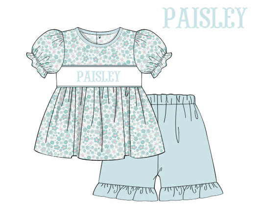 RTS - Paisley Floral Name Smocks Girl Short Set “MAMA’S GIRL”