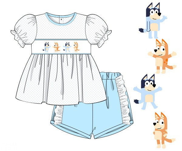 PREORDER 45: RERUNS - Smocked Blue Dog Girl Shortie Set