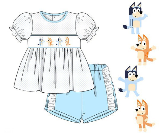 PREORDER 45: RERUNS - Smocked Blue Dog Girl Shortie Set