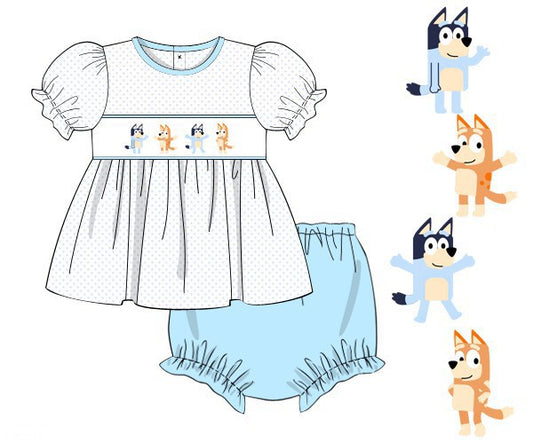 PREORDER 45: RERUNS - Smocked Blue Dog Girl Diaper Set